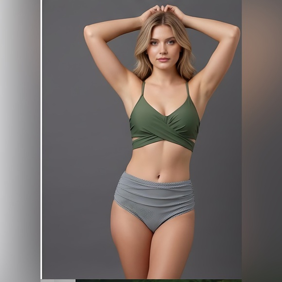 Olive Striped Twist Front High Waisted Bikini Swimsuit - Picture 4 of 6